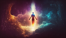 Human Soul Levitating In Space Background, Astral Body Concept, Esoteric, Afterlife And Connection With Other Worlds, Spirituality, Ascension. Generative AI.