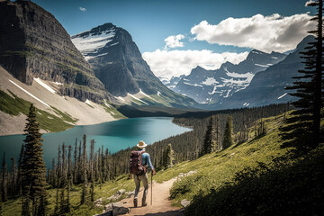 Poster - hiker with big backpack on a hiking trail in the mountains. Generative AI