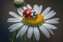 Ladybug Sits On A Chamomile Flower. Closeup. Generative AI