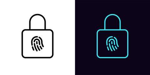 Outline lock icon, with editable stroke. Lock frame with fingerprint sign, safe digital access. Cyber security, biometric scan, personal identification, verification check.