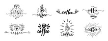 Coffee. Vector Logo Text. Word Design For Poster, Flyer, Banner, Menu Cafe. Hand Drawn Calligraphy Design. Typography Set Of Coffee Logos. Signboard Icon Coffee. Black And White Illustration With Cup.
