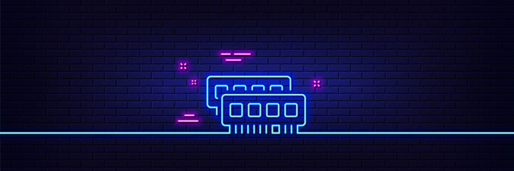 Poster - Neon light glow effect. Ram line icon. Computer random-access memory component sign. 3d line neon glow icon. Brick wall banner. Ram outline. Vector