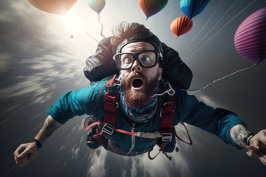 A man with a beard and glasses is in the air with balloons in the background extreme illustration a stock photo panfuturism