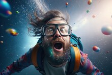 A Man With A Backpack And Glasses Is Surprised By The Bubbles In The Air Above Him Affinity Photo Computer Graphics Space Art