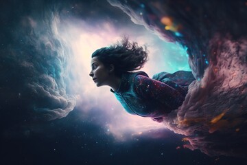Fototapete - A woman is floating in the air in a space like environment with clouds and stars affinity photo a detailed matte painting fantasy art