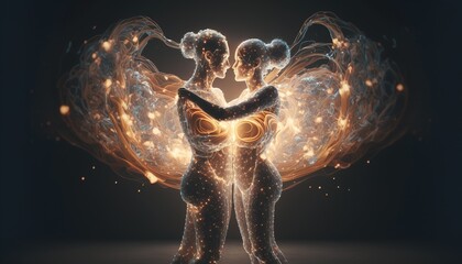Poster - A couple of people standing next to each other in front of a fire ball with a large body of water particles a hologram holography