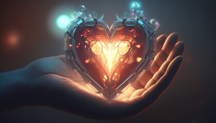 Poster - A heart shaped object in a hand with lights coming out of it with a dark background rendered in unreal 5 a 3d render fantasy art