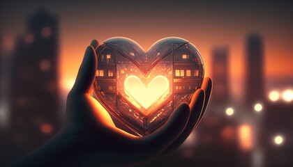 Poster - A person holding a heart shaped object in their hands in front of a city skyline city background a 3d render neo-romanticism