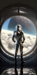 Fototapete - A man in a space suit standing in front of a window looking at the earth space a detailed matte painting space art
