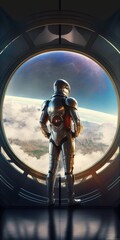 Poster - A man in a space suit standing in a doorway looking out at the earth below redshift render a detailed matte painting space art