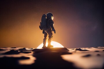 Poster - A man in a space suit standing on a moon covered surface with a flashlight in his hand redshift render an ambient occlusion render space art