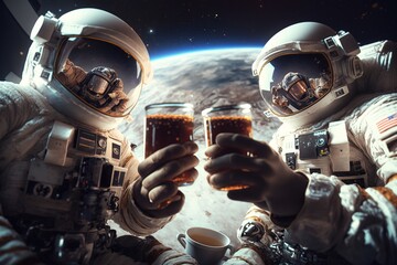 Fototapete - Two astronauts toasting with beer in front of the earth's horizon with a cup of coffee in the foreground redshift render a stock photo space art