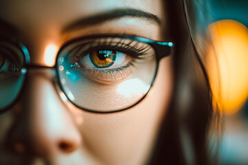 Closeup of an eye of a beautiful woman with glasses looking at camera.