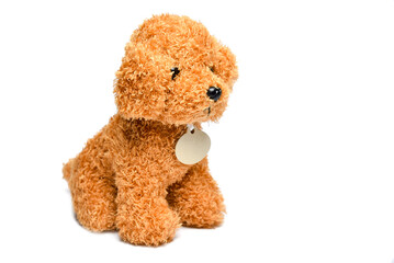 Soft toy plush dog on a white background.