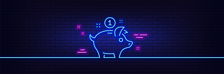 Poster - neon light glow effect. saving money line icon. piggy bank sign. 3d line neon glow icon. brick wall 