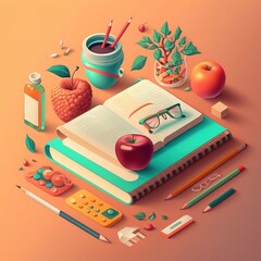 Fototapete - A book with a face drawn on it surrounded by school supplies and a pencil and apple colorful flat surreal design computer graphics academic art