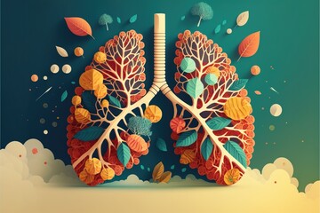 Poster - A lungs with leaves and flowers on it surrounded by clouds and leaves is shown editorial illustration art neoplasticism