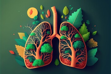 Poster - A lungs with trees and leaves surrounding it on a green background with leaves and a sun colorful flat surreal design a storybook illustration environmental art