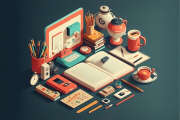 Fototapete - A computer books and other items are arranged on a table top with a cup of coffee colorful flat surreal design computer graphics computer art