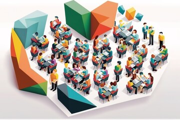 Poster - A group of people sitting at a table with a laptop in front of them and a colorful editorial illustration a digital rendering bengal school of art
