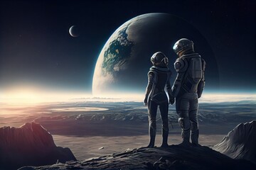 two astronauts standing on a rocky surface looking at the earth in the distance with a distant plane