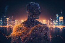 A Digital Image Of A Man's Body In Front Of A City Skyline At Night Biopunk Cyberpunk Art Neo-figurative