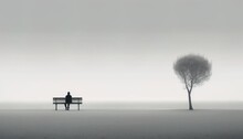 A Person Sitting On A Bench Next To A Tree And A Lone Tree In The Distance Desaturated A Black And White Photo Minimalism