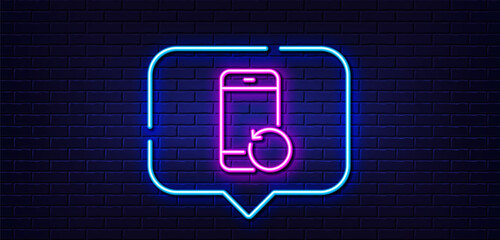 Neon light speech bubble. Recovery phone line icon. Backup data sign. Restore smartphone information symbol. Neon light background. Recovery phone glow line. Brick wall banner. Vector