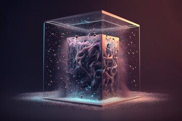 Poster - A glass box with a liquid inside of it on a table top with a black background c4d a 3d render generative art