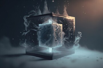 Poster - A cube with a liquid inside of it on a table with smoke coming out of it octane renderer a 3d render abstract illusionism