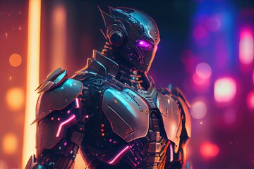 Poster - a robot with glowing eyes and a suit on standing in front of a neon background cybernetic cyberpunk 