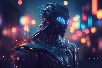 Poster - A robot with a futuristic helmet and a city in the background with lights on it cyberpunk style cyberpunk art computer art