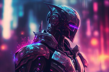 Poster - a futuristic man in a suit with purple and blue lights on his face and chest cybernetic cyberpunk ar