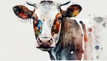  A Painting Of A Cow's Face With Watercolor Stains.  Generative Ai
