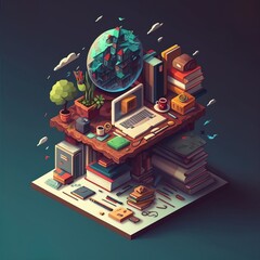 Fototapete - A computer desk with books and a globe on top of it surrounded by plants cinema 4 d a 3d render academic art