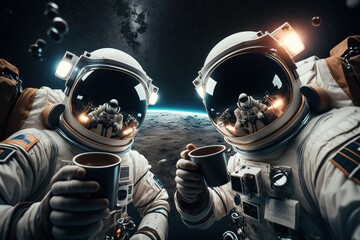 Fototapete - Two astronauts in spaces holding coffee cups in front of a planet with stars and a sky space a stock photo space art