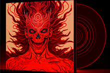 Track Cover Design In The Style Of Tormented Demons From Hell. Bloodthirsty Monster With Blood On The Cover Of The Disc. Art On Vinyl. Skull With Red Flames. 3d Illustration