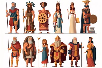 A set of ancient greek and roman characters in different poses and costumes with weapons and armor 2 d game art concept art incoherents