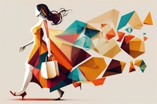 A Woman In A Dress Is Carrying A Bag And A Purse While Walking With A Large Amount Of Triangles Colorful Flat Surreal Design An Ultrafine Detailed Painting Geometric Abstract Art