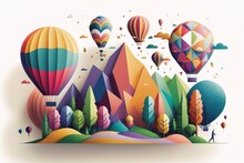 A Group Of Hot Air Balloons Flying Over A Forest Filled With Trees And Mountains In A Colorful Paper Cut Style Colorful Flat Surreal Design Art Maximalism