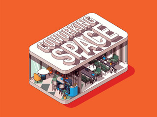 Aufkleber - Coworking space concept in 3d isometric graphic design. Open office with tables and laptops for employees collaboration. Vector illustration with people in isometric room interior for web banner