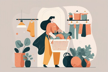 Wall Mural - Woman character carrying laundry basket with casual clothes, cleans in the apartment. Female shopping, bring wear on charity, choose outfit in second hand store flat cartoon illustration generative AI