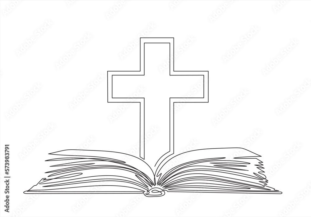Continuous single one line drawing of open book and cross.Bible ...