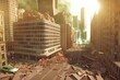 city rocked by earthquake with ground cracking and structures collapsing. Seismic activity caused by release of energy from shifting tectonic plates, resulting in both natural and human calamities.