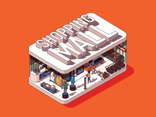 Aufkleber - Shopping mall concept in 3d isometric graphic design. Shop with different departments, buying clothes, supermarket checkout. Vector illustration with people in isometric room interior for web banner