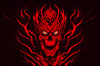 Track cover design in the style of tormented demons from hell on a red-dark background. Head of a bloody skull with bloody flames. Scary and bloodthirsty monster with a wide smile. 3d rendering