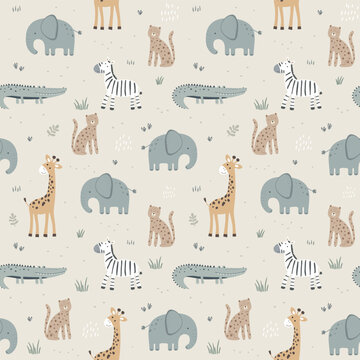 seamless pattern with cute african animals. elephant, leopard, giraffe, zebra and crocodile. vector 