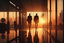 Sunset In The Business Offices, Silhouette Of Executives Walk Through The Corridors Against The Light Of Their Corporate Companies. AI Generated
