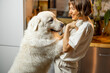 © rh2010 - Young woman plays with her huge white dog, spending leisure time together happily on kitchen at home. Concept of friendship with pets and domestic lifestyle