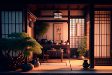 Minimal Interior Design In Japanese Style. Asian Living Room With House Plants. Traditional Asian Architecture Aesthetic.